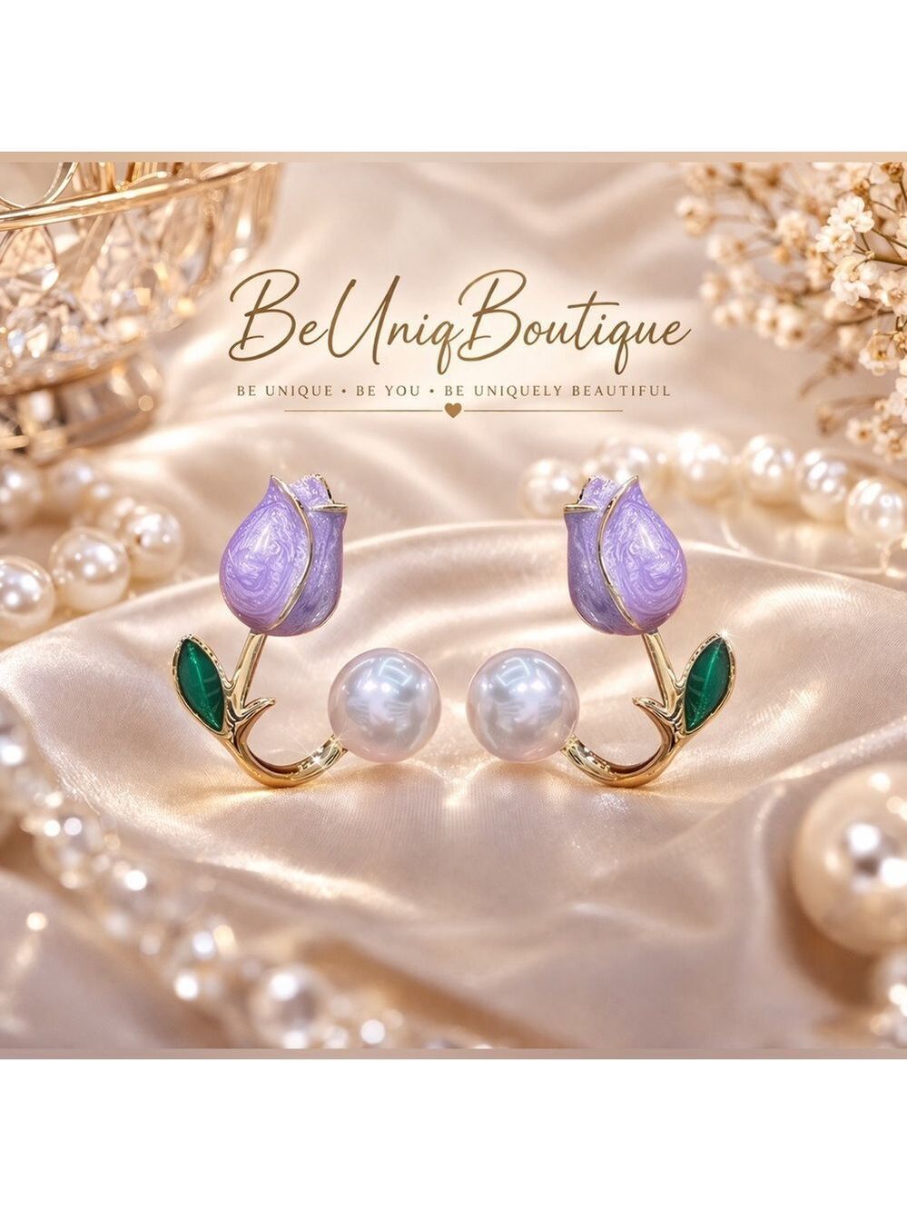 🎉HP🎉Gold Rose Pearl Stud Lavender Flower Double Sided Earrings